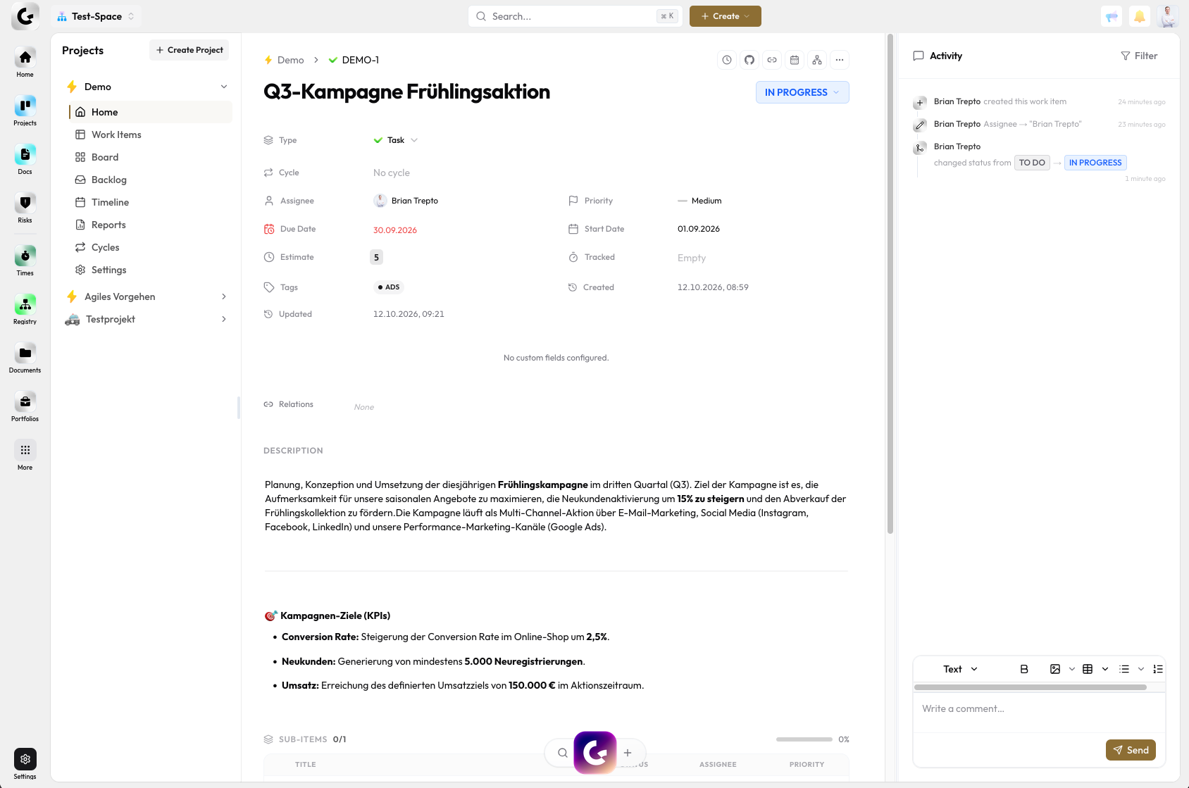 Ein Vorgang in Collabase: die Q3-Kampagne Frühlingsaktion mit Status, Termin, Beschreibung und Kampagnenzielen, daneben der Verlauf der Aktivitäten.